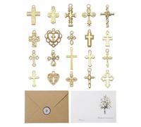 DBCEJF 20 Pendentifs Croix Dorée pour Cadeau Baptême Invité, Décoration Communion et Confirmation, Lot de Breloques Chrétiennes avec Enveloppe et Carte de Vœux Lys Blanc pour Souvenir Religieux