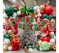 DBKL Kit d'arche de ballons de Noël avec bannière « Merry Christmas » et ballons rouges blancs et verts, boîte cadeau, ballons explosifs en aluminium pour décorations de fête de Noël