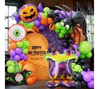 DBKL Kit d'arche de ballons d'Halloween 151 pièces - Ballons noirs, orange, verts, violets avec yeux pour poêle, bonbons et citrouille, ballons en aluminium pour décorations de fête d'Halloween