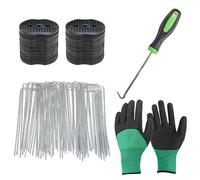 DBOO Lot de 50 piquets à membrane anti-mauvaises herbes + 50 rondelles tampons avec crochet et gants, agrafes de jardin galvanisées en forme de U pour gazon artificiel, tissu paysager, barrière contre