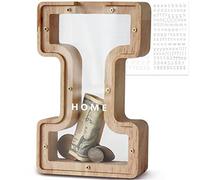 DBPBToU Tirelire en Bois en Forme de Lettre, Tirelire Cochon Personnalisée pour Enfants, Tirelire Billet Transparente Créative pour Cadeaux de Festivals/Décoration Intérieure/Souvenir (I)