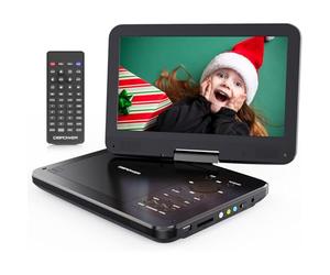 DBPOWER Lecteur DVD portable de 12" avec batterie rechargeable de 5 heures, écran d'affichage pivotant de 10", fente pour carte SD et port USB, avec chargeur de voiture de 1,8 m et adaptateur
