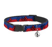 DC Comics Collier pour Chat avec Clochette, Clip en Plastique, Facile à régler, Harley Quinn Diamond Stripe Rouge Bleu 21,6 à 30,5 cm de Large