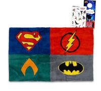 DC Comics Justice League Tapis décoratif pour chambre d'enfant avec Superman, Batman, The Flash, Aquaman Plus, mini affiches, autocollants, plus | Tapis de super-héros antidérapant 77,5 x 41,9 cm