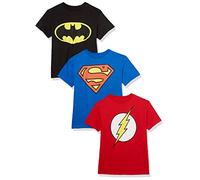DC Comics Lot de 3 t-Shirts avec Logo Batman, Superman, The Flash pour Enfants, Noir/Bleu Roi/Rouge, 14-16
