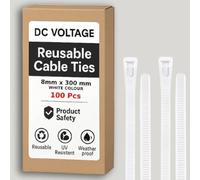 DC VOLTAGE Lot de 100 attaches de câble réutilisables en nylon robuste pour la maison, le bureau, le garage et l'atelier (8 x 300 mm, blanc)