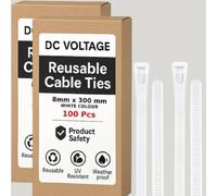 DC VOLTAGE Lot de 200 attaches de câble réutilisables en nylon solide et réglables pour la maison, le bureau, le garage et l'atelier (8 x 300 mm, blanc)