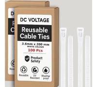 DC VOLTAGE Lot de 200 attaches de câble réutilisables en nylon solide et réglables pour la maison, le bureau, le garage et l'atelier (3,6 x 200 mm, blanc)