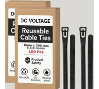 DC VOLTAGE Lot de 200 attaches de câble réutilisables noires réglables en nylon pour la maison, le bureau, le garage et l'atelier (8 x 300 mm, noir)