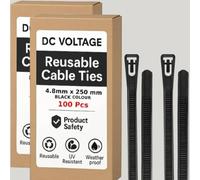DC VOLTAGE Lot de 200 attaches de câble réutilisables noires réglables en plastique pour la maison, le bureau, le garage et l'atelier (4,8 x 250 mm, noir)