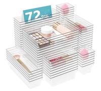 DCA Lot de 72 organiseurs de tiroirs en plastique transparent, 4 tailles polyvalentes pour salle de bain et coiffeuse, conteneurs de rangement pour maquillage, bijoux, chambre, ustensiles de cuisine