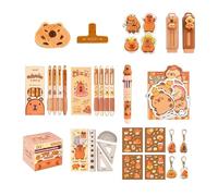 Dcaknri 21 pièces de papeterie pour étudiants avec grande trousse à crayons, notes adhésives, règle, gomme, stylo, trombone, porte-clés, autocollant, grande capacité, organisateur Capybara