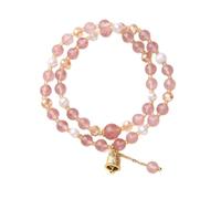 Dcaknri Double rangée de perles en quartz fraises et perles d'eau douce avec clochettes en zircone faites à la main