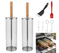 Dcceeo Panier à Barbecue Roulant, Paquet de 2 Paniers à Grillades Enroulable avec Poignée Détachable et Brosse Panier Grille Barbecue Emboîtables pour Légumes, Viande, Poisson Cadeau Hommes