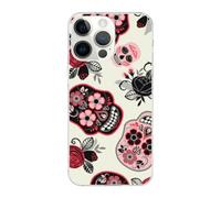 DCEHGEW Coque de téléphone imprimée tête de mort et fleurs pour iPhone 14 Pro Max 17 cm, coque de téléphone en TPU résistant aux chocs, prend en charge le chargement sans fil, bords transparents