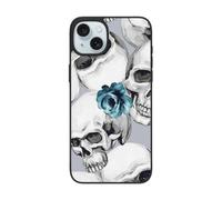 DCEHGEW Coque de téléphone imprimée tête de mort et fleurs pour iPhone 15 6,1", coque de téléphone en TPU résistant aux chocs, prend en charge le chargement sans fil, avec protection d'objectif
