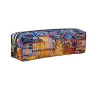 DCEHGEW Trousse à crayons en cuir avec imprimé paysage historique de la vieille ville de Porto, organiseur de papeterie, trousse de maquillage simple, pochette à stylos, fermeture éclair dorée