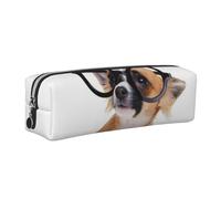 DCEHGEW Trousse à crayons en cuir imprimé chien mignon avec lunettes, organiseur de papeterie, trousse de maquillage simple, pochette à stylos, fermeture éclair dorée, Argenté., One Size, Cartable