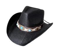 Dcfbkl Chapeau de paille avec ceinture en polyuréthane turquoise pour homme et femme - Respirant - Cowgirl occidental - Fait à la main - Chapeau de plage résistant au soleil, Noir , taille unique