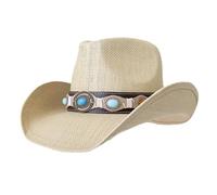 Dcfbkl Chapeau de paille avec ceinture en polyuréthane turquoise pour homme et femme - Respirant - Cowgirl occidental - Fait à la main - Chapeau de plage résistant au soleil, beige, Taille unique