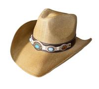 Dcfbkl Chapeau de paille avec ceinture en polyuréthane turquoise pour homme et femme - Respirant - Cowgirl occidental - Fait à la main - Chapeau de plage résistant au soleil, kaki, Taille unique
