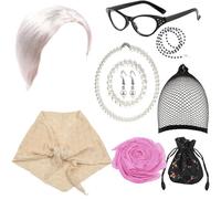 Dcfbkl Ensemble de cosplay pour femme adulte avec perruques, lunettes, perles artificielles, collier, boucles d'oreilles, costume de grand-mère pour fête costumée pour jeu de rôle