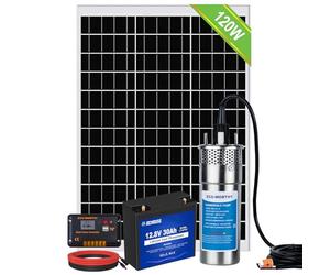 DCHOSE Kit de pompe de puits solaire avec batterie de secours, pompe à eau en acier inoxydable 12 V + kit de panneau solaire 120 W + batterie 30 Ah + contrôleur 20 A pour fontaine, irrigation,