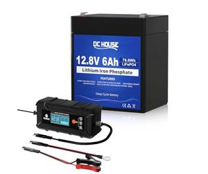 DCHOUSE Batterie LiFePO4 12V 6Ah avec Chargeur 5A Batterie Lithium Rechargeable 3000+ Cycles Profond Protection BMS pour Camping Cars voiturettes de Golf tondeuses à Gazon Panneaux solaires Camping