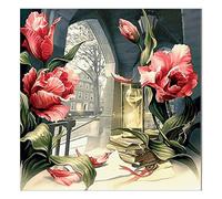 DCIDBEI 30x30CM Rond Peinture Diamant Fleurs sur Table, DIY Diamond Painting Paysage Ville, Broderie Point de Croix Diamant Pivoine Pour Adultes et Enfants, Décoration Mur D'entrée Chambre Salon