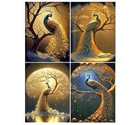 DCIDBEI 30x40CM|| 4 Pack Diamond Painting Kit Rond, Peinture Diamant 5D Complet DIY animal fantastique Tableau Strass Diamant Anime Oiseaux Décoration Murale Enfant Adulte à la Maison| Paon Doré