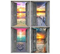 DCIDBEI 30x40CM 4 Pack DIY Broderie Diamant 5D Mer,Diamond Painting Paysage Coucher du Soleil devant la Porte Cristal Peinture par numéro,Chambre Bain Mur Autocollant Décor Loisirs Créatifs