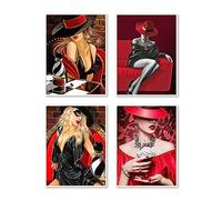 DCIDBEI 30X40CM DIY 5D Diamond Painting Rond, Broderie Diamant Moderne Femme, 4 Lot Peinture Kits Complet Adultes, Tableau Strass Décoration Chambre Rouge et Noire