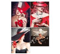 DCIDBEI 4 Pièces Diamant Peinture Femme avec Chapeau 30x40cm Peinture par Numéro Élégantes Tableau Perle Diamant Portrait