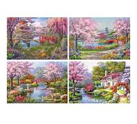 DCIDBEI 40x30CM 4 Lot Broderie Diamant Maison de Campagne, 5D Diamond Painting Fleurs de Cerisier Enfant, DIY Puzzle Diamant Rond Kit Loisirs Créatifs Déco Murale Entrée Salon Chambre Enfant