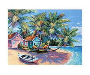 DCIDBEI 50x40CM Diamond Painting Strass Complet Carré Paysage Tropical,Canevas Kit Complet Cabane en Bord de Mer Pour Adulte Enfant, Cristal Artisanat Décor d'Intérieur Maison Bureau