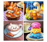 DCIDBEI Diamant Peinture Pain Anime 4 Pièces 30x30cm Diamant Peinture Fruit Dinosaure Diamond Painting Café et Pain Lapin Broderie Diamant Macaron Tortue Images Café Chien Perle Diamant a Coller
