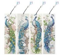 DCIDBEI Lot de 4 Diamond Painting Marque Pages pour Adultes avec avec Pompons Peinture Diamant Marque-Pages Diamant Painting Marqueur de Page Clips Paon Lecture Cadeau Femme Maman