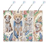 DCIDBEI Lot de 4 Puzzle Diamant Marque Pages Adultes avec Pompon Diamond Painting Marqueurs de Clip de Page Femmes Amateurs de Lecture étudiants Enseignants Peinture par Numéros Marque Page Chiens