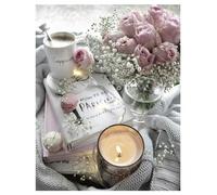 DCIDBEI Peinture Diamant Roses Café 40x50cm Diamond Painting Adultes Fleurs Rose Café Macarons Bougie Ensemble de Broderie Adultes Fleurs Paisible Zen Perle Diamant a Coller Fleur Puzzle Diamant Rose