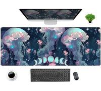 DCJJM Tapis de bureau motif méduse d'anime bleu fluo XL pour jouer, océan, lune, PC, ordinateur portable, clavier, souris, 80 x 30 cm, protection avec bords cousus