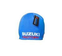 D'cor Visuals Bonnet tricoté à rayures - Bonnet d'hiver bleu avec pompon - Compatible avec les fans de Suzuki et les amateurs de sports mécaniques