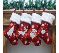 DCQRY Lot de 4 chaussettes de Noël avec lumière LED - 47 cm - Bonhomme de neige, renne, gnome, sapin de Noël, cheminée à suspendre pour décoration de fête de vacances