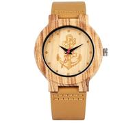 DCRYRPQES Montre à Quartz en Bois Faite à la Main for Homme, Bracelet en Cuir Marron, Cadran délicat à Motif d'ancre