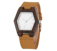 DCRYRPQES Montre-Bracelet à Quartz en Bois Naturel for Femme, Bracelet en Cuir véritable, boîtier Hexagonal créatif(Ebony)