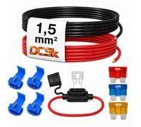 DCSk Câble automobile 1,5 mm² 10 m FLRY-B porte-fusible connecteur rapide | Kit rouge/noir 1,5 mm² - 4 connecteurs rapides IDC, 3 fusibles auto ATO 10A 15A 20A
