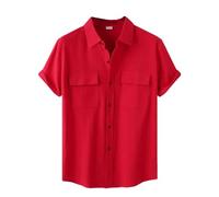 Dcvmvmn Chemise d'été à manches courtes en coton et lin à double poche pour homme, chemise boutonnée décontractée pour la plage, les vacances, Rouge, Taille XL