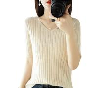 Dcvmvmn Pull à manches courtes et col en V pour femme - Printemps été - Couleur unie, beige, Taille S