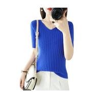 Dcvmvmn Pull à manches courtes et col en V pour femme - Printemps été - Couleur unie, bleu, Taille XL