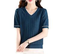Dcvmvmn Pull d'été pour femme - Manches courtes - Col en V - Pull en tricot, bleu marine, Taille XL