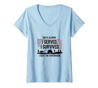 DD214 Alumni : I Served, I Survived, I Have The Paperwork T-Shirt avec Col en V, Femme, Bleu Céleste, XL